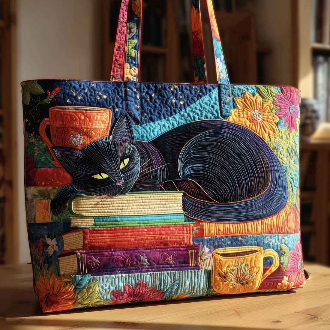 Handgefertigte Tasche - Schwarze Katze mit Büchern und Tassen