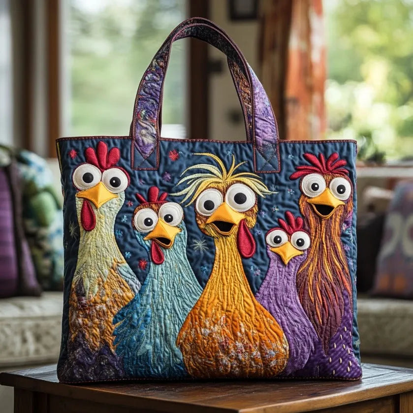 Handgefertigte Tasche - Fünf bunte Hühner