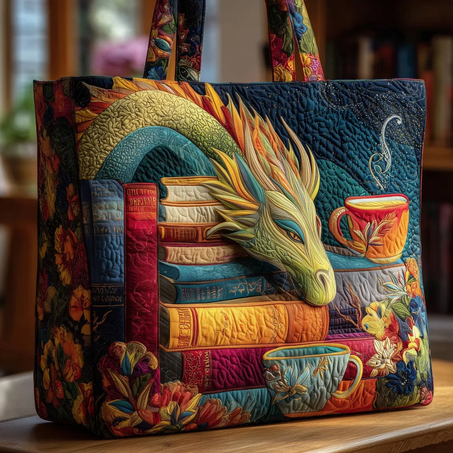 Handgefertigte Tasche - Drache mit Büchern und Tassen