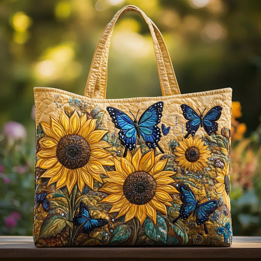 Handgefertigte Tasche - Sonnenblumen und blaue Schmetterlinge
