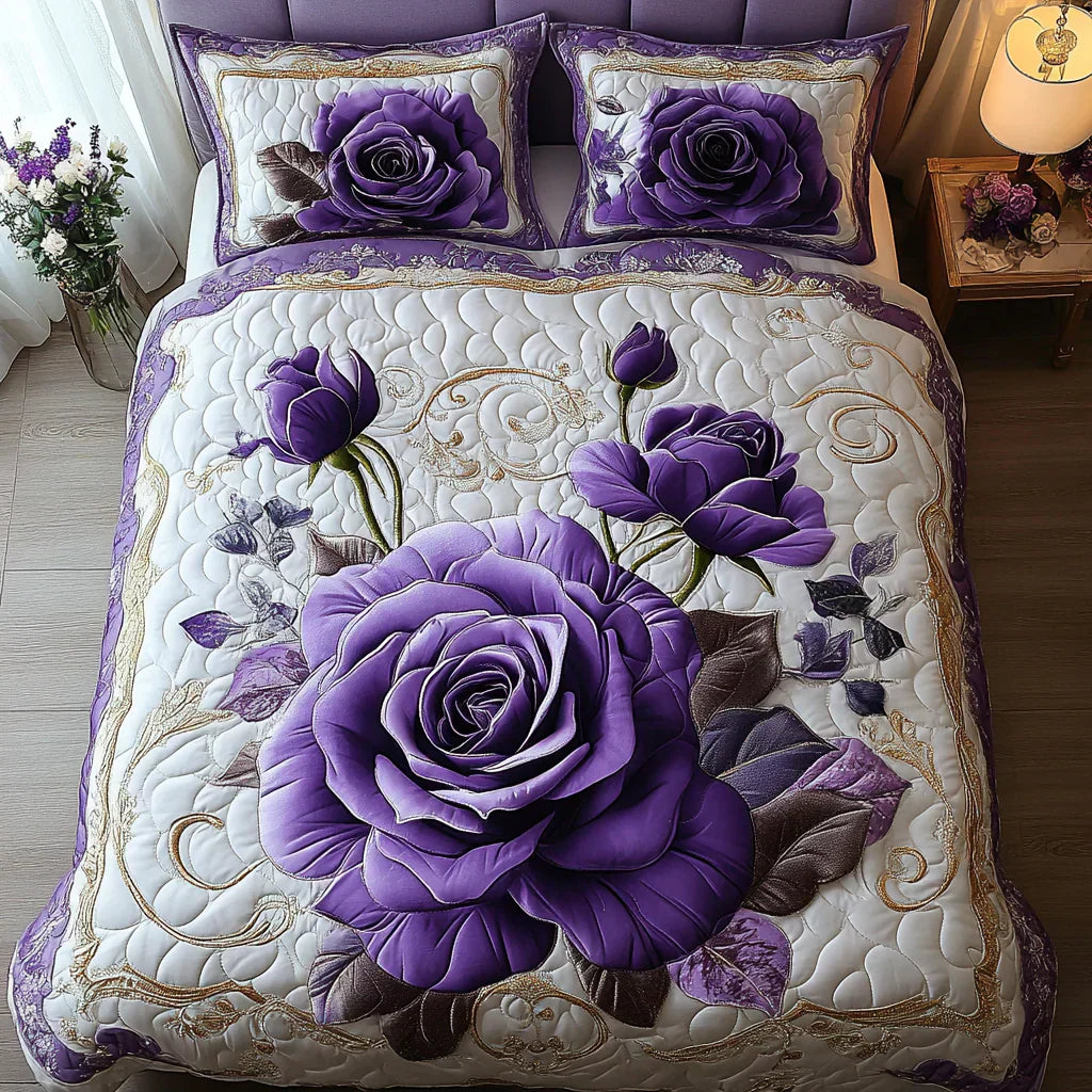 3-teiliges gestepptes Bettwäsche-Set - Violette Rose