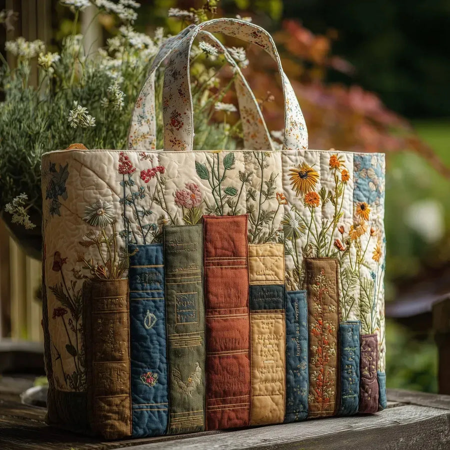 Handgefertigte gesteppte Tasche - Bücher und Blumen