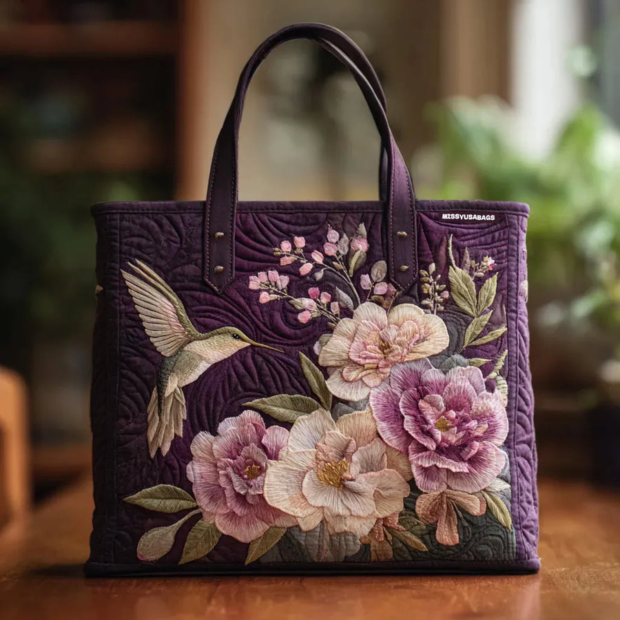 Handgefertigte gesteppte Tasche - Kolibri und Orchideen