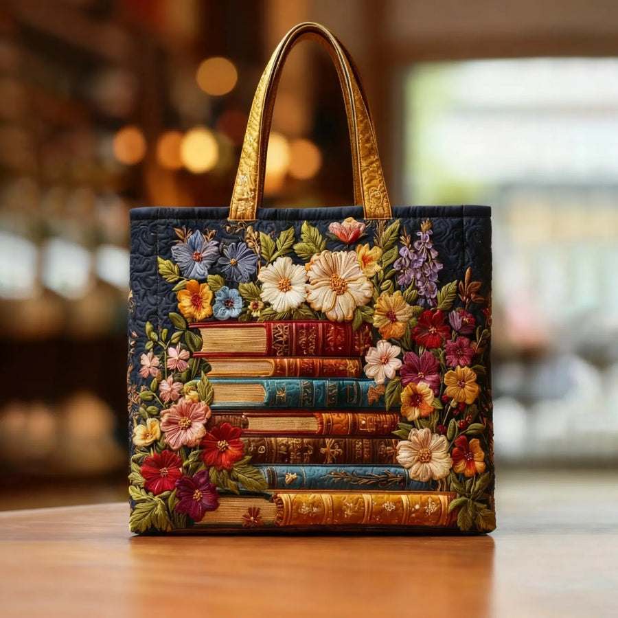Handgefertigte Tasche - Blumendruck und Bücher