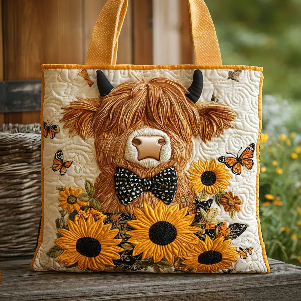 Gesteppte Tasche - Highland-Kuh und Sonnenblumen