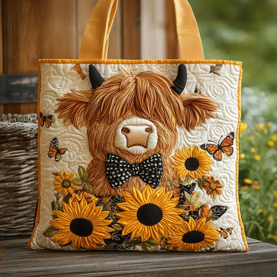 Gesteppte Tasche - Highland-Kuh und Sonnenblumen