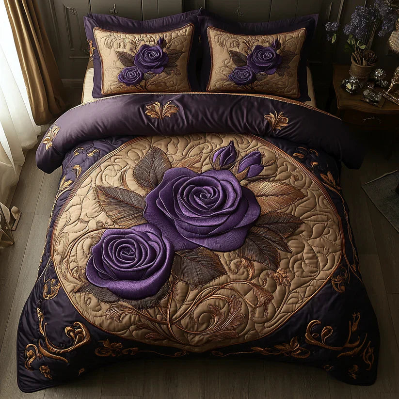 3-teiliges gestepptes Bettwäsche-Set - Violette Rose