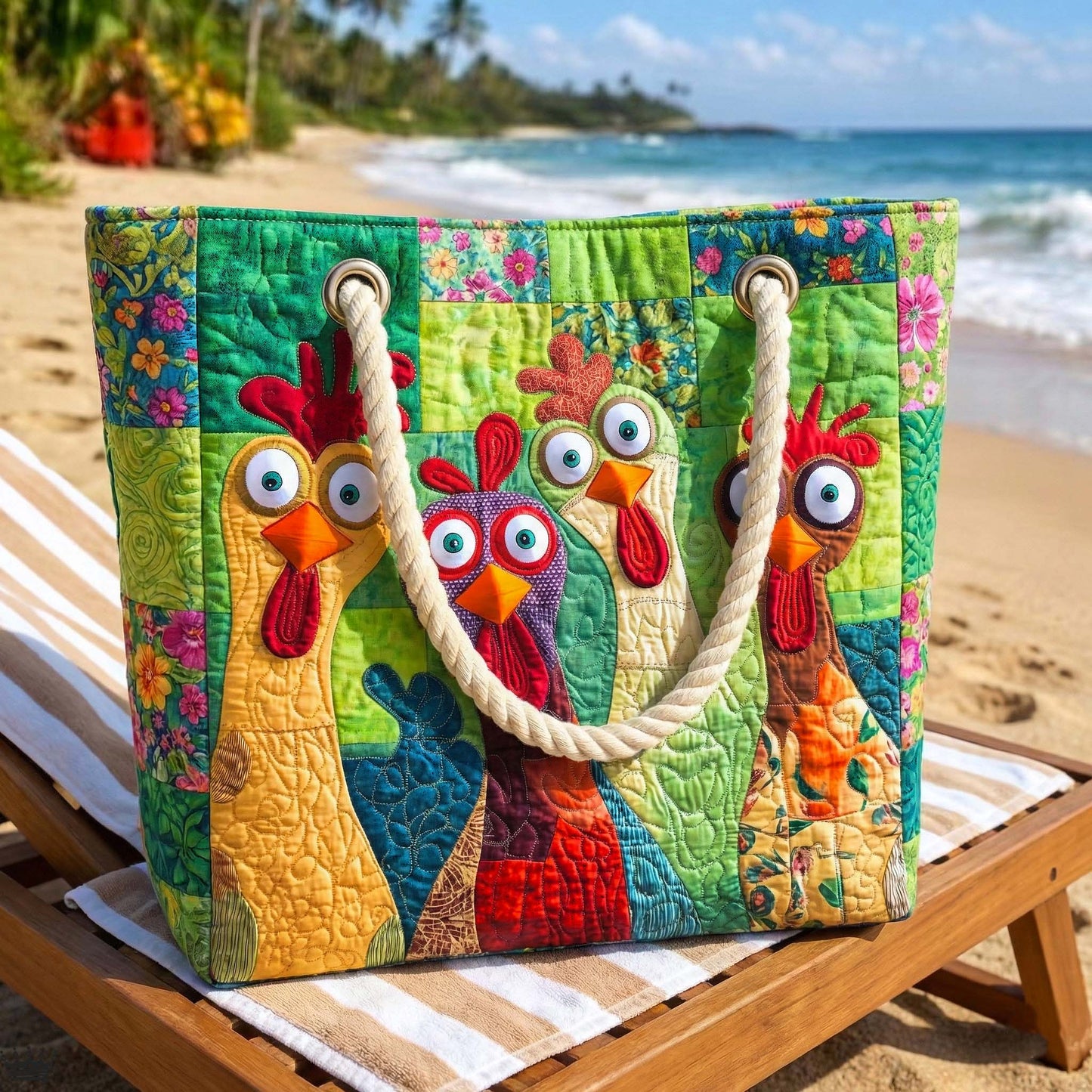 Gesteppte Strandtasche „Fröhliches Huhn“