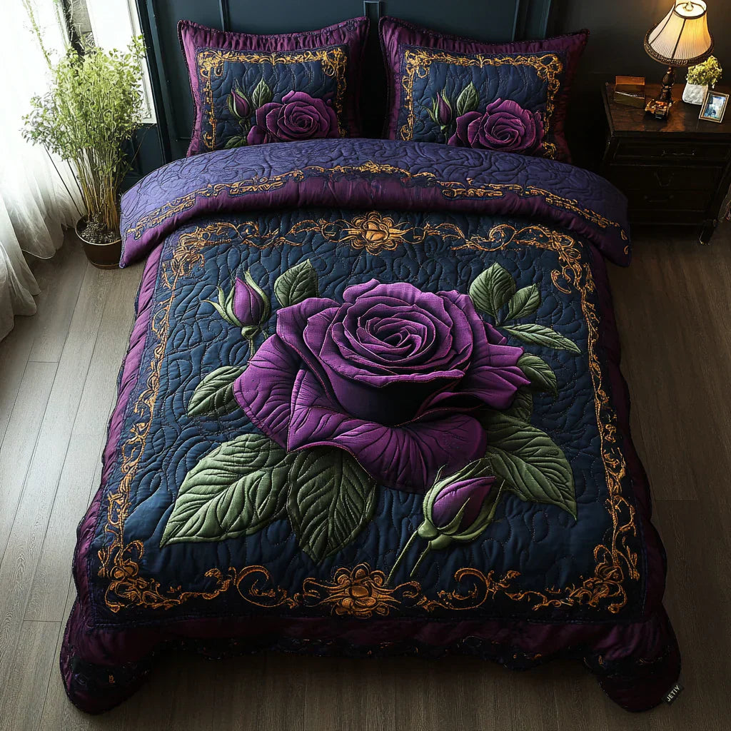 3-teiliges gestepptes Bettwäsche-Set - Violette Rose