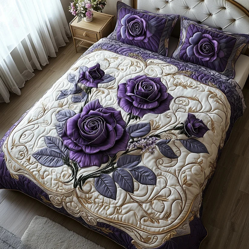 3-teiliges gestepptes Bettwäsche-Set - Violette Rose