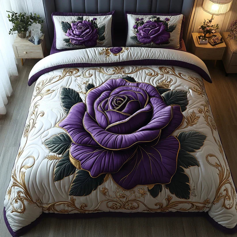 3-teiliges gestepptes Bettwäsche-Set - Violette Rose