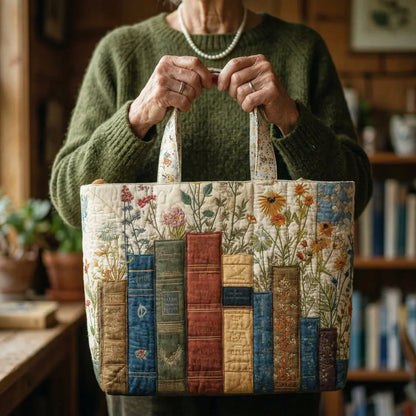 Handgefertigte gesteppte Tasche - Bücher und Blumen