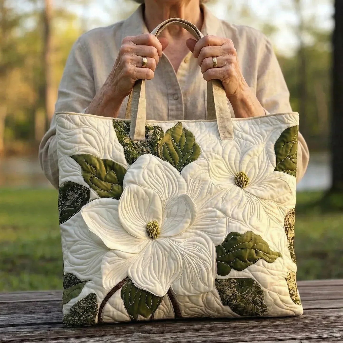 Handgefertigte gesteppte Tasche - Elegante weiße Lilien